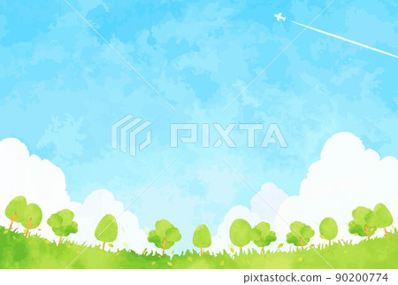 鬱鬱蔥蔥的樹木和藍天的手繪背景插圖 90200774