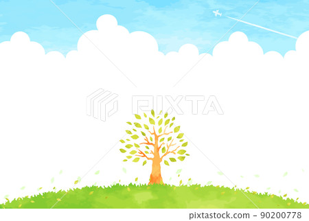 Simple tree and meadow and blue sky landscape illustration 90200778