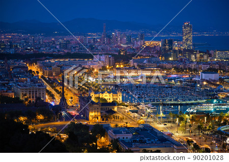 Aerial view of Barcelona city and port with yachts Aerial view of Barcelona city and port with yachts 90201028