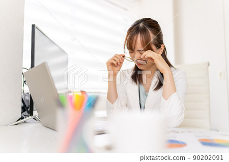 Young female engineer working from home, long working hours, allergies, overtime, glasses Young female engineer working from home, long working hours, allergies, overtime, glasses 90202091
