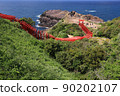 Beautiful red torii gate of Motonosumi Shrine and superb view of the blue Sea of Japan, Nagato City, Yamaguchi Prefecture 90202107