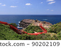 Beautiful red torii gate of Motonosumi Shrine and superb view of the blue Sea of Japan, Nagato City, Yamaguchi Prefecture 90202109