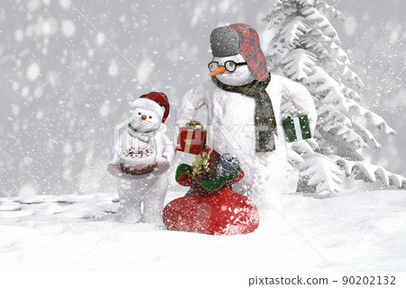 在雪地裡，一個孩子的雪人帶著聖誕蛋糕，一個戴著眼鏡的爸爸帶著禮物雪人 90202132