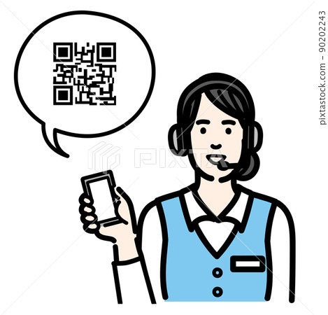 操作員的年輕女性手持智能手機並解釋 QR 碼 操作員的年輕女性手持智能手機並解釋 QR 碼 90202243