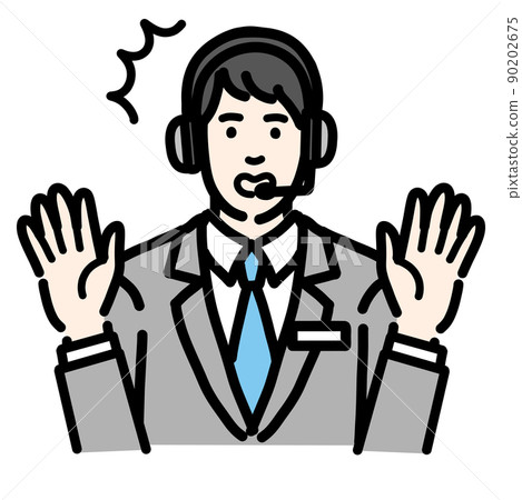 A young man with an operator who is surprised with his hands raised 90202675