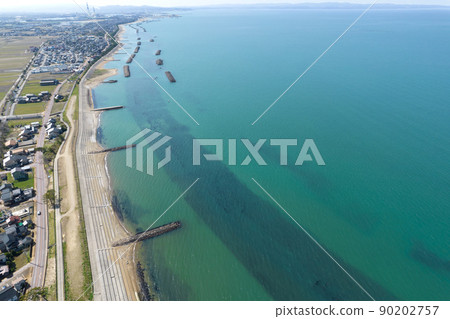 Aerial drone Toyama City Yokata coast blue sea Aerial drone Toyama City Yokata coast blue sea 90202757