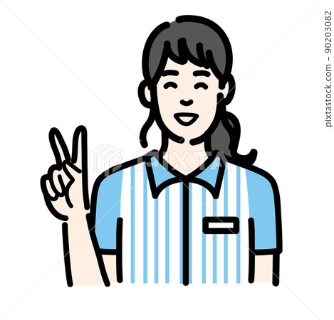 A young woman at a convenience store clerk with a peace sign and a smile A young woman at a convenience store clerk with a peace sign and a smile 90203082