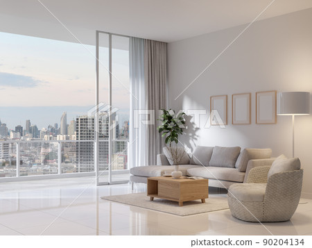 Modern style white living room with large open door overlooking city view 3d render 90204134