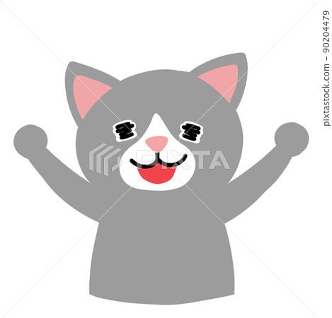 Gray bee cat rejoices with both hands raised Gray bee cat rejoices with both hands raised 90204479