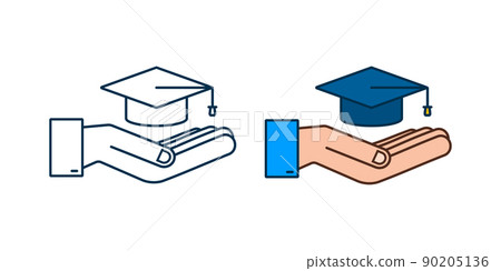 Graduation cap with tassel in hands, realistic mortar board. Vector stock illustration. Graduation cap with tassel in hands, realistic mortar board. Vector stock illustration. 90205136