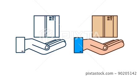 Carton parcel open box in hands. Shipping delivery symbol. Gift box icon. Vector stock illustration. 90205142