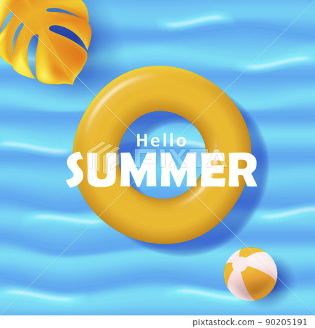 Web banner with yellow swimming circle in the sea top view with palm leaf and beach ball Web banner with yellow swimming circle in the sea top view with palm leaf and beach ball 90205191