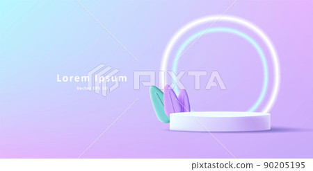 3d render illustration of cylinder pedestal with plastic leaves and neon circle lights 90205195