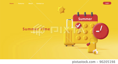 Summer time travel 3d yellow sunny illustration with calendar and suitcases Summer time travel 3d yellow sunny illustration with calendar and suitcases 90205198