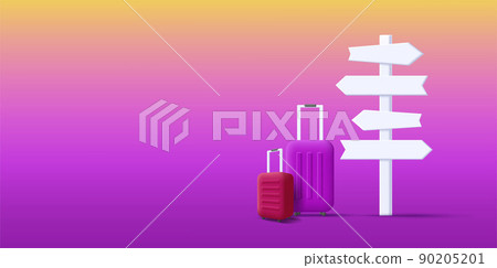 Travel poster backdrop with blank road sign with destinations and suitcases, 3d illustration Travel poster backdrop with blank road sign with destinations and suitcases, 3d illustration 90205201