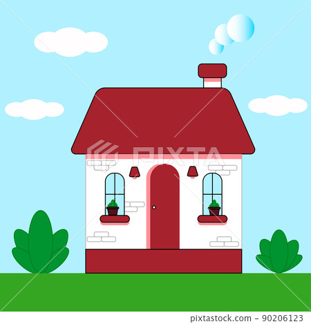 House cottage on a green lawn with bushes, outdoors during the day against the blue sky. Vector illustration in a flat style. House cottage on a green lawn with bushes, outdoors during the day against the blue sky. Vector illustration in a flat style. 90206123