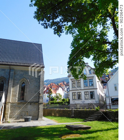 Residential area seen from St. Mary's Church in Bergen, Norway 90206473