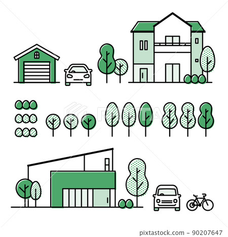 Icon set for suburban homes, plants, cars, bicycles, garages Icon set for suburban homes, plants, cars, bicycles, garages 90207647