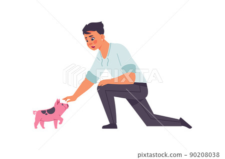 Adopted pets. People taking domestic animals from vet clinics and dog shelter. Man petting mini pig. Person playing with pink home mammal. Young male caring of piggy. Vector piglet owner Adopted pets. People taking domestic animals from vet clinics and dog shelter. Man petting mini pig. Person playing with pink home mammal. Young male caring of piggy. Vector piglet owner 90208038