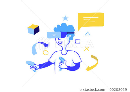 Game development concept. Doodle VR gaming. Boy with augmented virtual reality glasses and joysticks. Playing mechanics trendy objects. 3d cyber simulation. Vector gamers modern devices Game development concept. Doodle VR gaming. Boy with augmented virtual reality glasses and joysticks. Playing mechanics trendy objects. 3d cyber simulation. Vector gamers modern devices 90208039