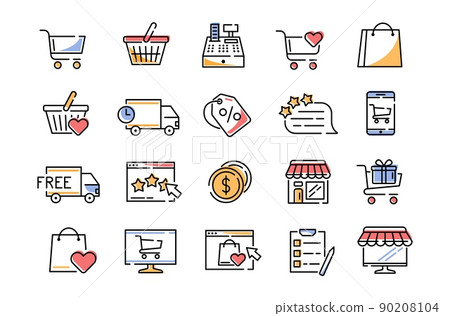 Store icons. Outline logo for supermarket. Cashier or cart. Free delivery. Retail online discount. Internet market symbols. Web app. Customer feedback. Vector line shopping signs set 90208104