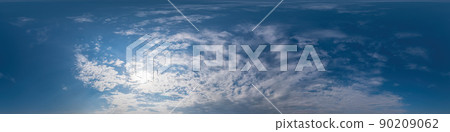 Blue sky panorama with Cumulus clouds. Seamless hdr 360 degree pano in spherical equirectangular format. Complete zenith for 3D visualization, game and sky replacement for aerial drone 360 panoramas. 90209062