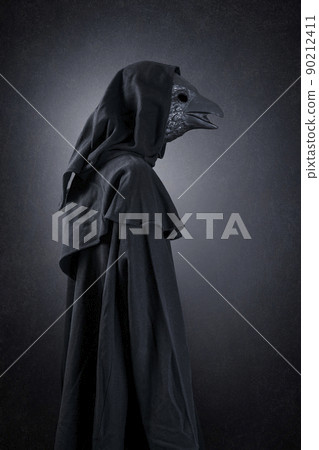 Bird in hooded cloak at night over dark misty background 90212411