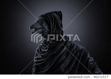 Bird in hooded cloak at night over dark misty background 90212417