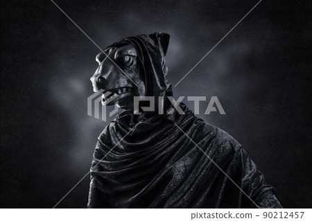 Reptile in hooded cloak at night over dark misty background 90212457