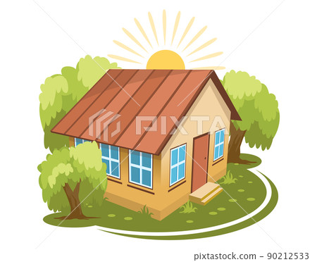 Summer landscape. House surrounded by trees 90212533