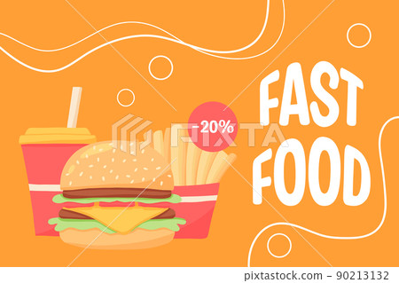Flyer with fastfcd. French fries and burger poster. Discounts on street food. Vector illustration. 90213132