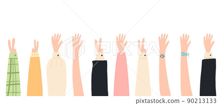 Set of raised hands. A group of diverse human weapons. The concept of the international volunteer community. Teamwork, collaboration, voting, volunteer concert. Vector illustration 90213133