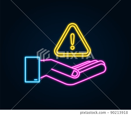 Neon banner with yellow scam alert over hands. Attention sign. Cyber security icon. Caution warning sign sticker. Flat warning symbol. Vector stock illustration. Neon banner with yellow scam alert over hands. Attention sign. Cyber security icon. Caution warning sign sticker. Flat warning symbol. Vector stock illustration. 90213918