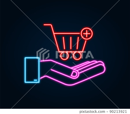 Add to cart neon icon with hands. Shopping Cart icon. Vector illustration. 90213921