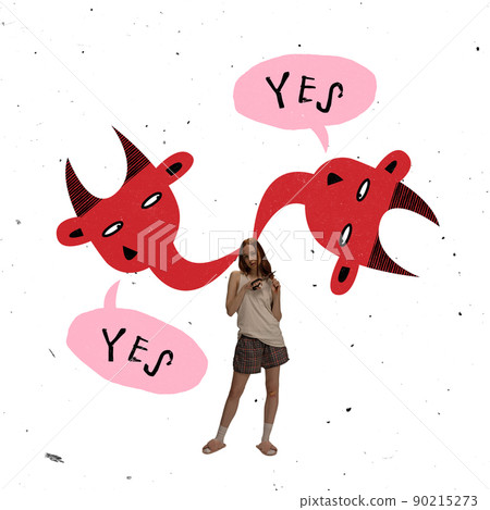 Contemporary art collage. Conceptual image of young girl cutting hair with scissors by herself 90215273