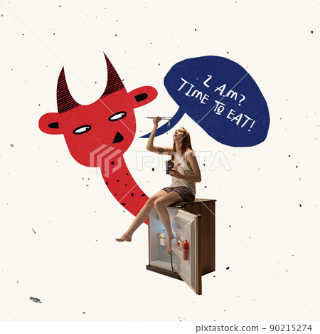 Contemporary art collage. Conceptual image of young girl sitting on fridge and eating fast food at late hours. 90215274