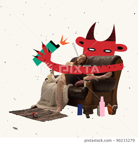 Contemporary art collage. Conceptual image of young girl suffering from unhealthy lifestyle. Smoking, alcohol, junk food 90215279