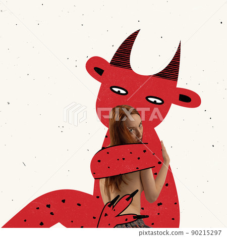 Contemporary art collage. Conceptual image of young girl hugging big monster, love affection 90215297