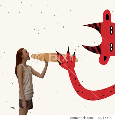 Contemporary art collage. Conceptual image of eating disorders. Monster giving young girl a loaf of bread Contemporary art collage. Conceptual image of eating disorders. Monster giving young girl a loaf of bread 90215300