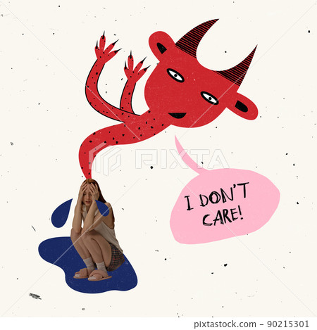 Contemporary art collage. Conceptual image of young girl crying in despair, feeling lonely 90215301