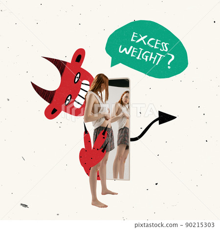 Contemporary art collage. Conceptual image of young girl looking in mirror, thinking about excess weight. 90215303