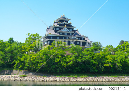 [100 Fine Castles of Japan] Okayama Castle castle tower and fresh green 6 Kita-ku, Okayama City, Okayama Prefecture, which has been renovated and is being removed from the first-class river Asahikawa 90215441