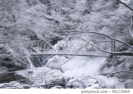 Fukuroda Falls and suspension bridge in the middle of winter with pure white snow Fukuroda Falls and suspension bridge in the middle of winter with pure white snow 90215664