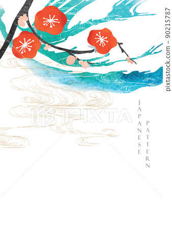 Red flower branch decoration with crane birds illustration  banner in vintage style. Abstract art background with watercolor texture vector in Japanese style. 90215787