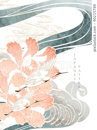 Peony flower and chinese wave decorations with crane birds in vintage style. Japanese background with watercolor texture vector. Art landscape banner design. Peony flower and chinese wave decorations with crane birds in vintage style. Japanese background with watercolor texture vector. Art landscape banner design. 90215789