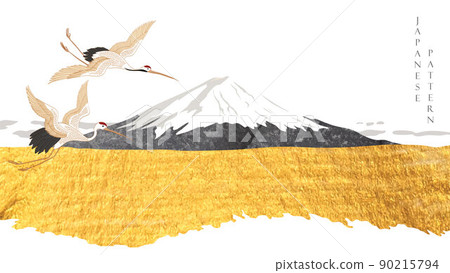 Abstract art landscape with Japanese wave pattern vector. Nature background with Mountain forest gold texture invitation card template in vintage style. Crane birds element. 90215794