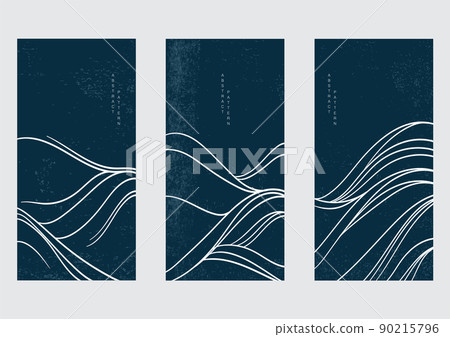 Hand drawn wave element with Japanese pattern vector. Oriental white line decoration with blue banner design, flyer or presentation in vintage style. Ocean sea elements. 90215796