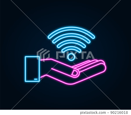 Free wifi zone neon sign in hands icon. Free wifi here sign concept. Vector illustration. Free wifi zone neon sign in hands icon. Free wifi here sign concept. Vector illustration. 90216018