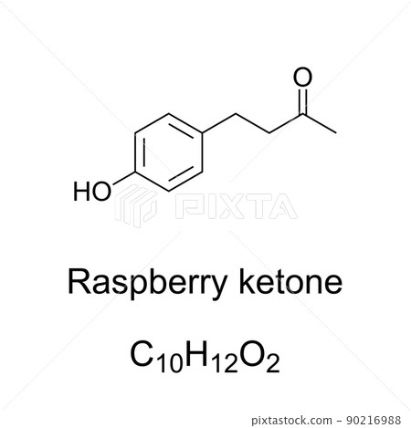 Raspberry ketone, chemical formula and structure. Natural phenolic aroma compound of red raspberries. Occurs also in cranberries and blackberries. Used in perfumery, cosmetics and as a food additive. 90216988