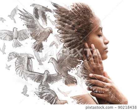 Paintography. A painting of doves combined with a portrait Paintography. A painting of doves combined with a portrait 90218438